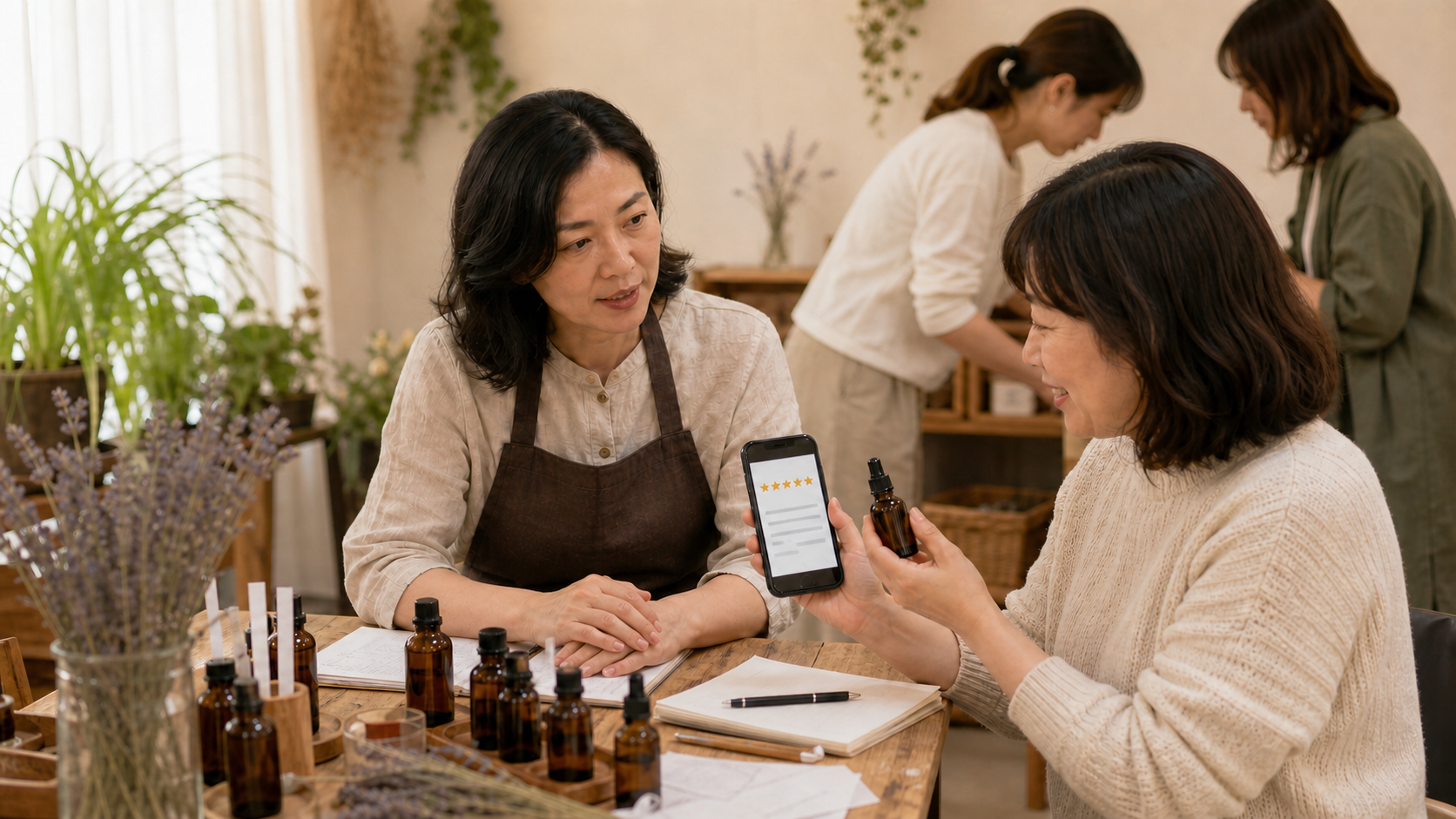 芳療工作坊結束後，學員拿著完成的小瓶作品並在手機上留下活動評價