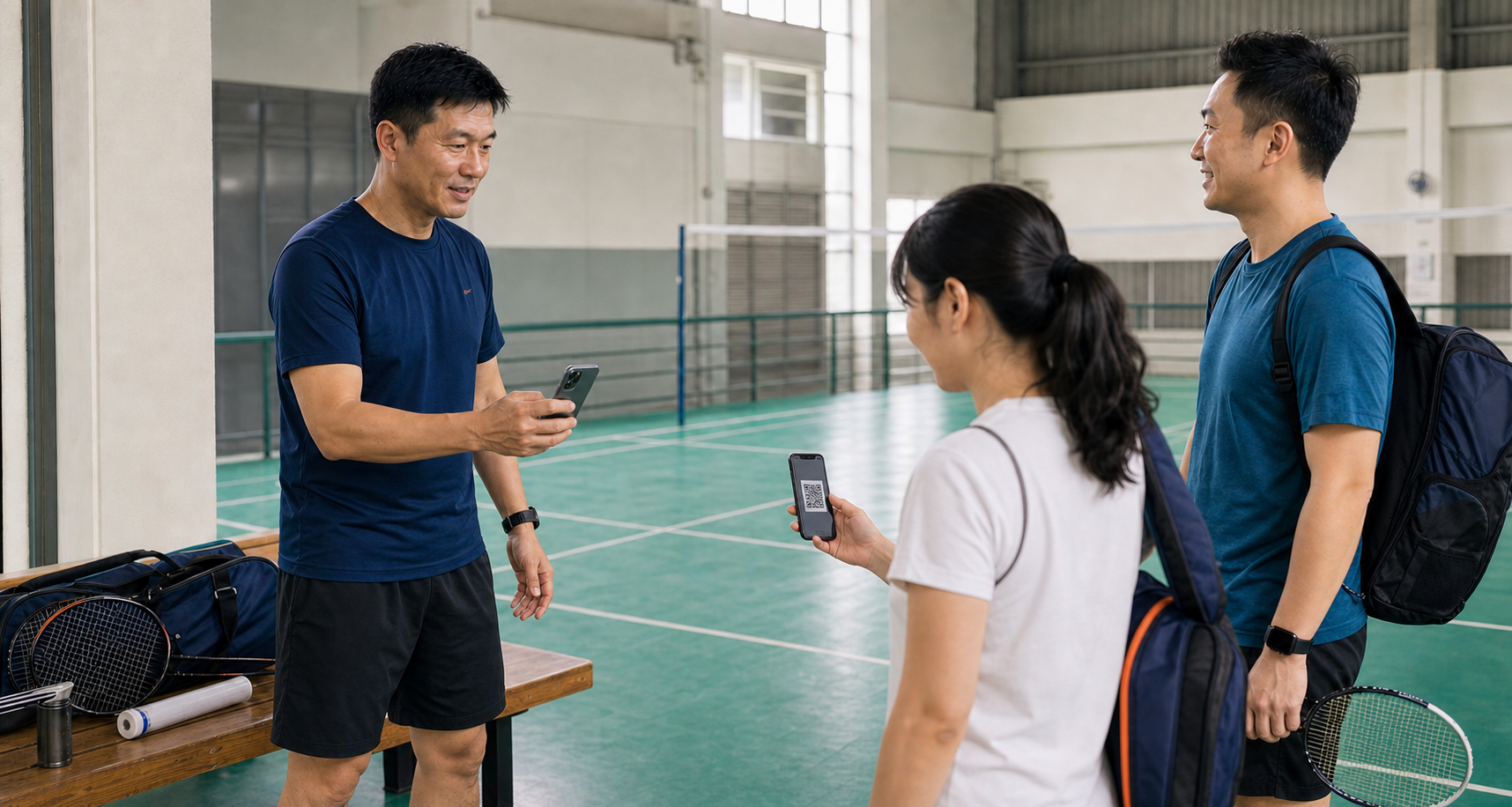 羽球教練以手機掃描學員出示的 QR Code，完成課程簽到