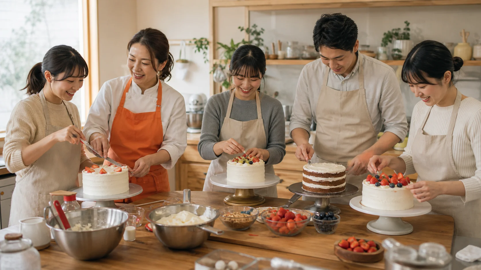 烘焙蛋糕老師陪伴成人學員完成鮮奶油蛋糕裝飾