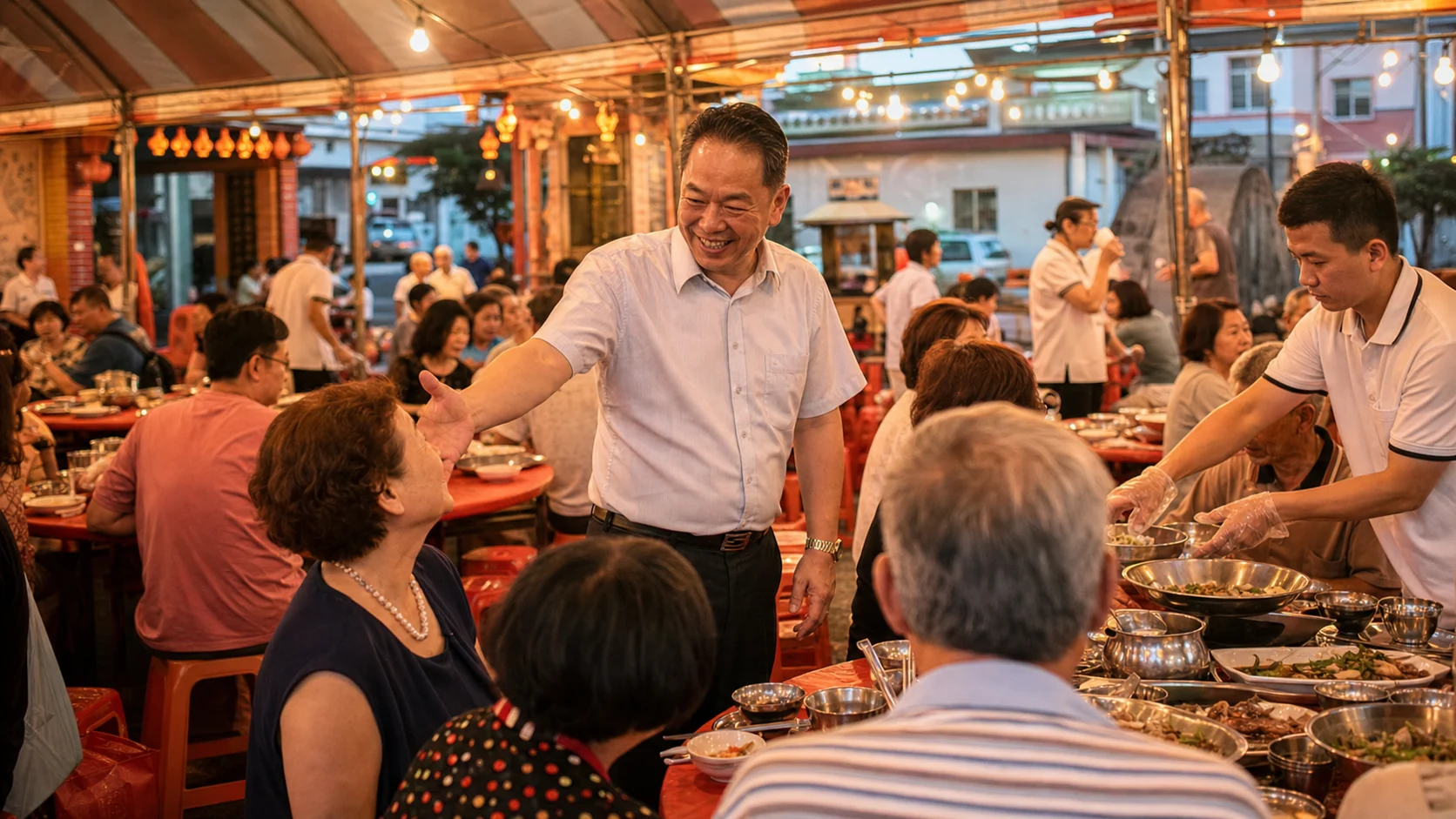 台灣傳統辦桌活動中，主辦人在紅桌與棚架間熱情招呼賓客