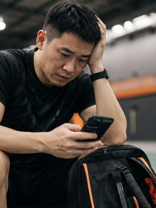 羽球教練在球場旁與學員示範握拍動作，學員專注觀看練習細節