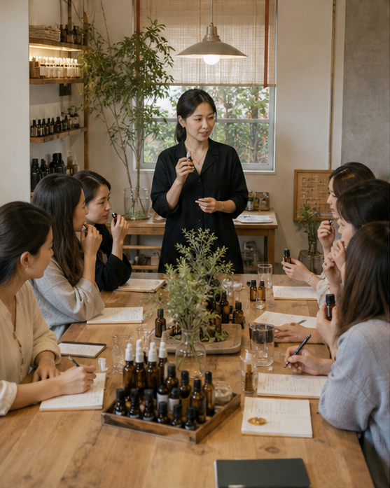 精油芳療老師站在長桌前，向圍坐的多位學員介紹精油瓶，桌上陳列聞香紀錄與器材