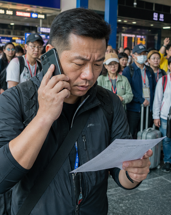 旅行社領隊在機場大廳一手拿著紙本名單一手講電話，背後是大批等待旅客