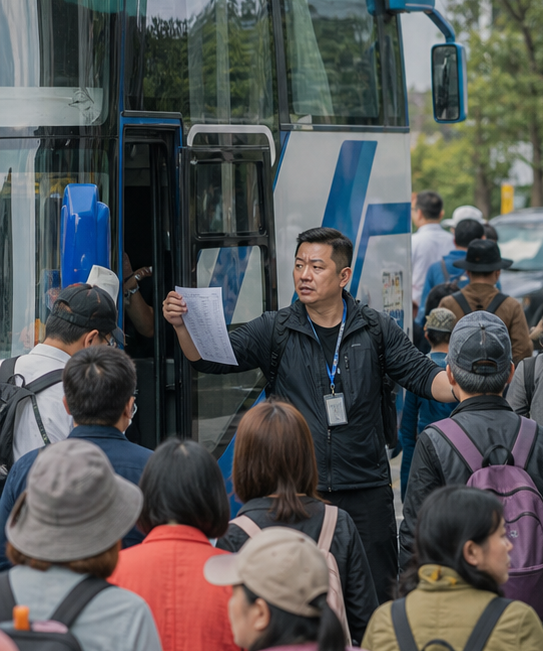 旅遊帶團人員在遊覽車旁舉著名單確認人數，旅客依序上車