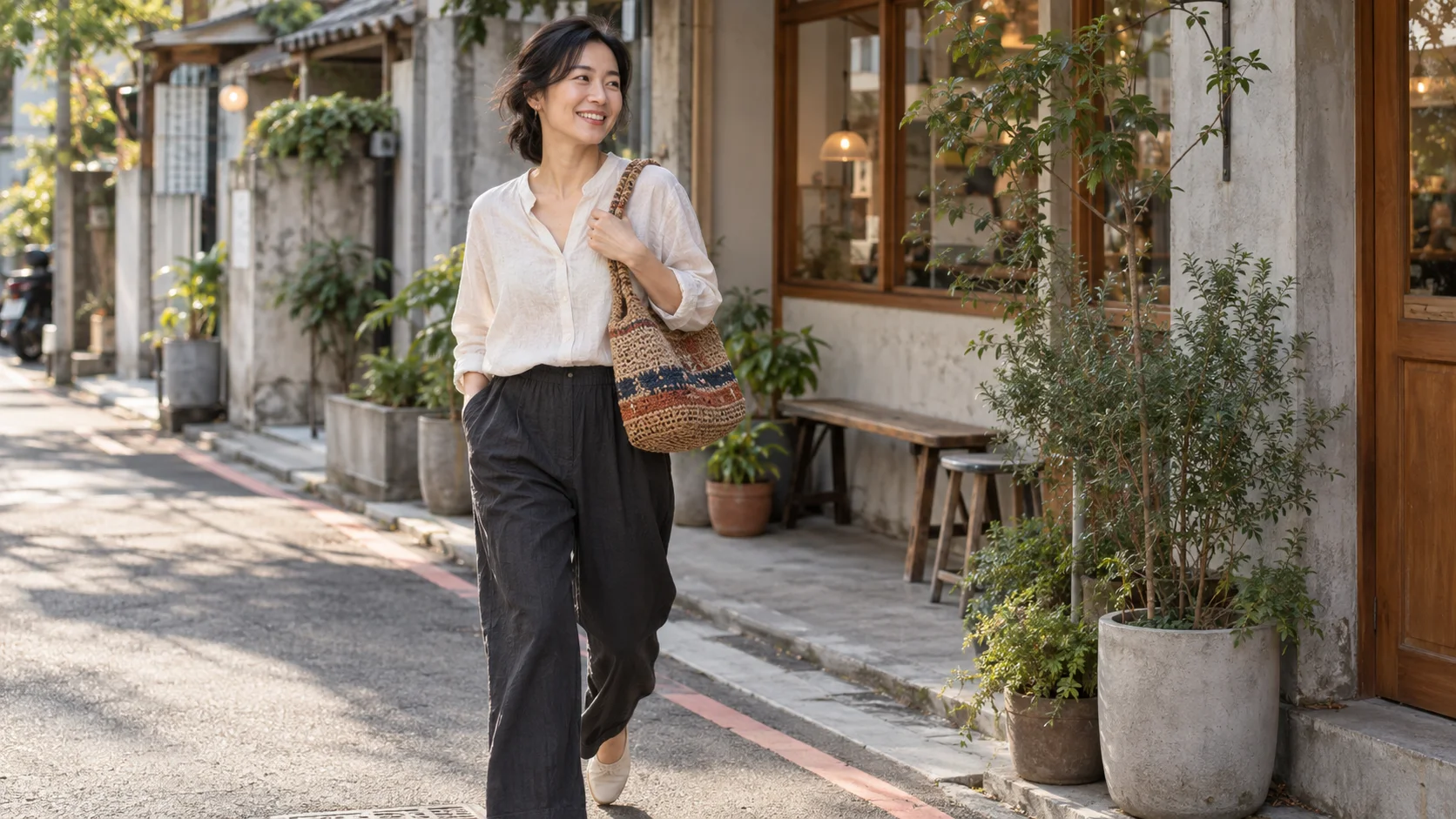 成年女性以米白襯衫和深色長褲搭配手工編織肩背包，走在街區店家前