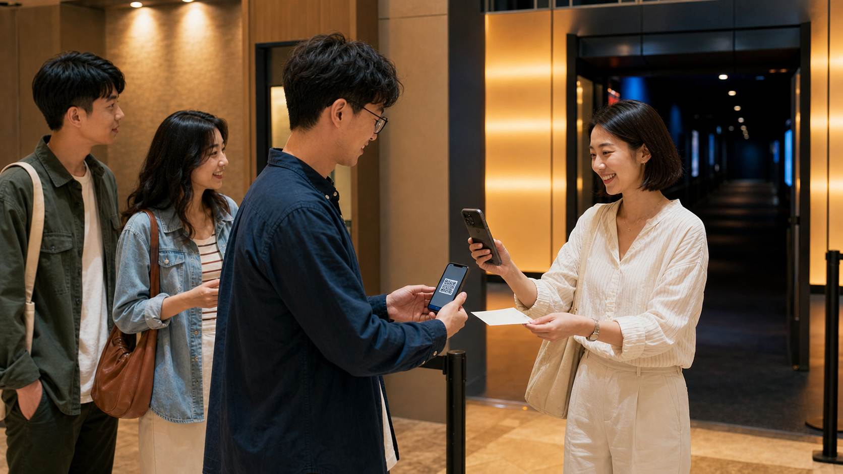 電影揪團發起人以手機掃描參加者出示的 QR Code，確認簽到後準備交付電影票