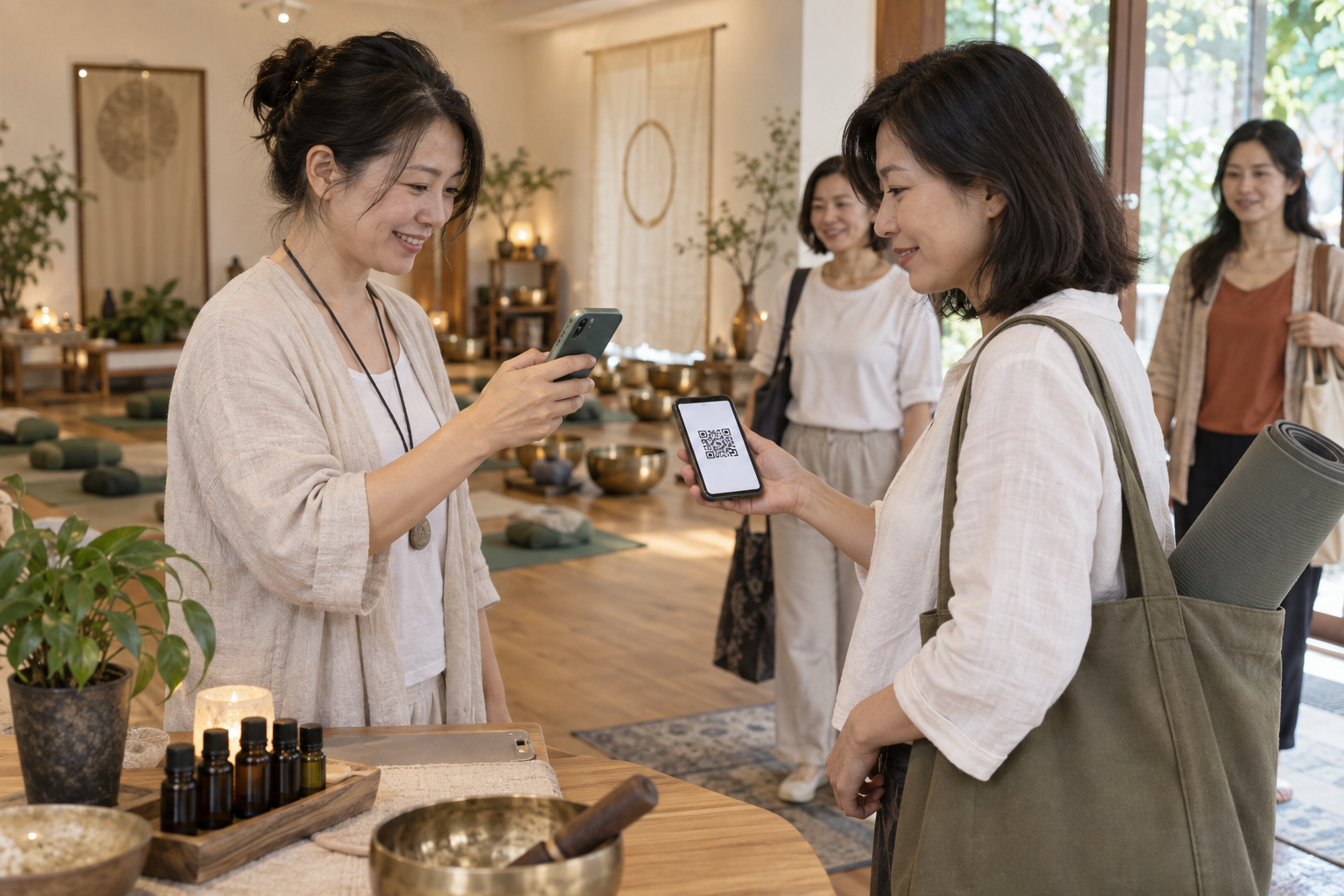 頌缽芳療老師用手機掃描學員手機上的 QR Code 完成課程簽到