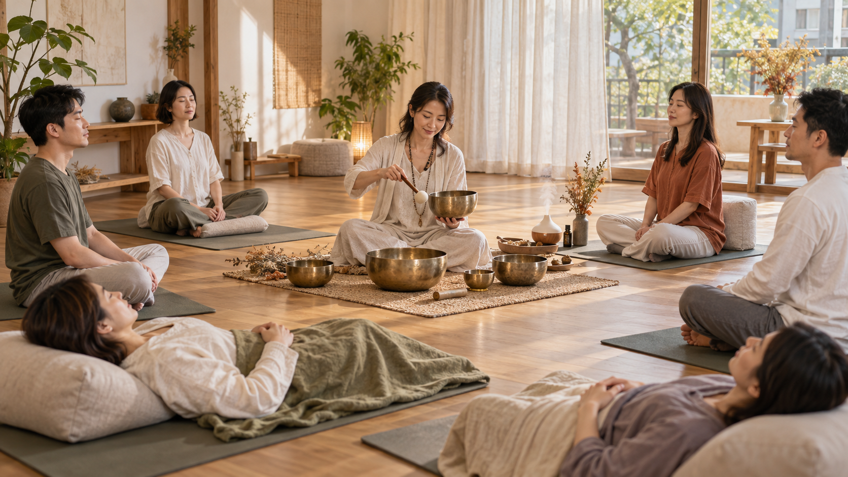 頌缽芳療老師在溫暖工作室裡帶領成年學員進行小班放鬆體驗