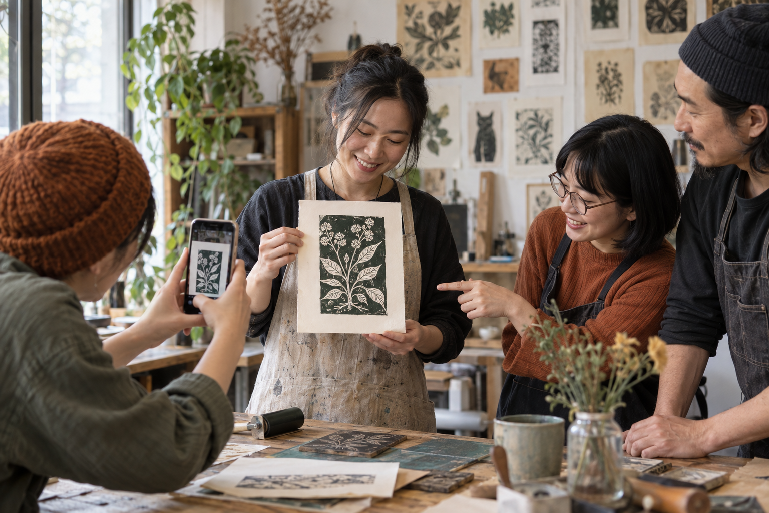 學員展示完成的植物版畫，同伴欣賞細節並用手機拍下作品