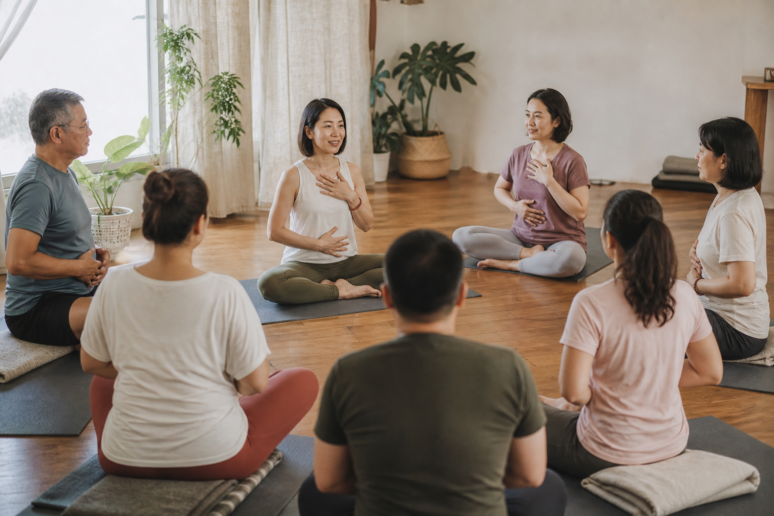 瑜珈老師在溫暖教室裡陪伴學員練習呼吸