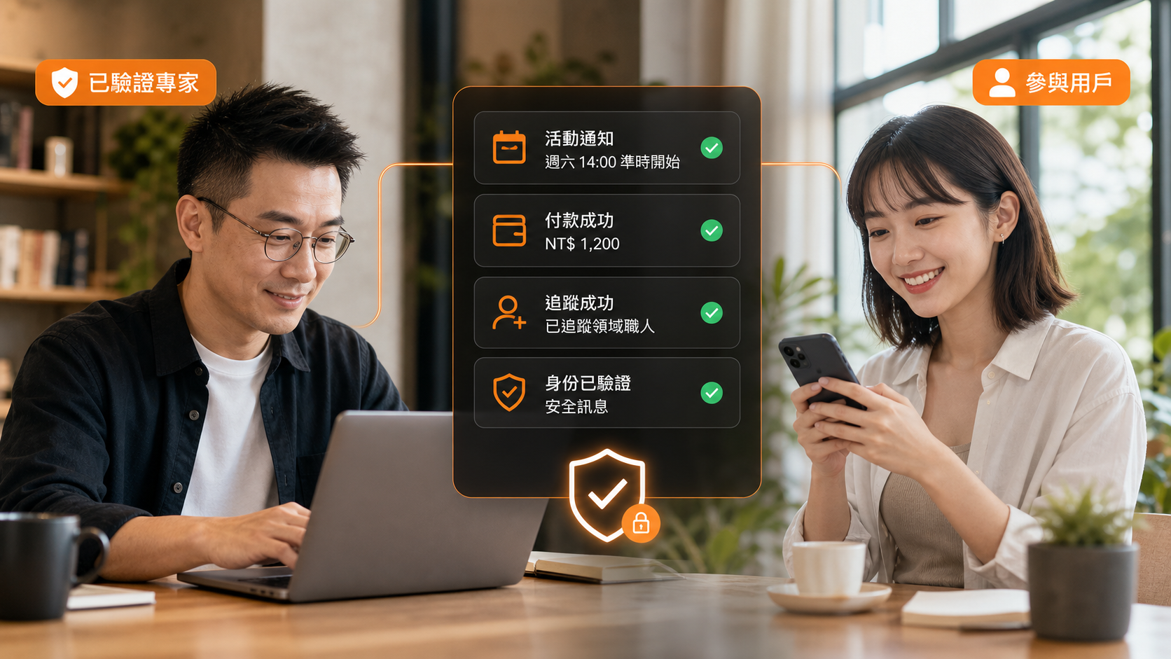 已驗證活動帶領者與參與參加者順利溝通，活動通知、付款成功與追蹤通知皆清楚可信